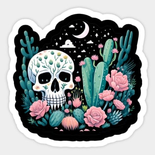 Cactus and Skull with Flowers Starry Night Moon and Stars Sticker